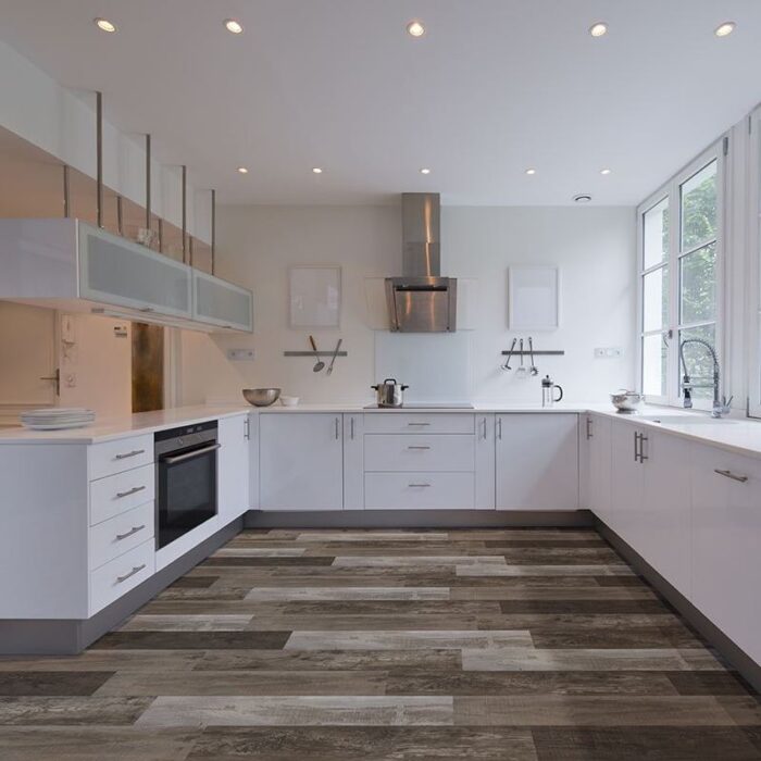 A kitchen with Weathered Brina Vinyl Flooring