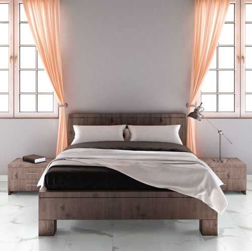 A bedroom with Calcatta Marbella Vinyl Flooring